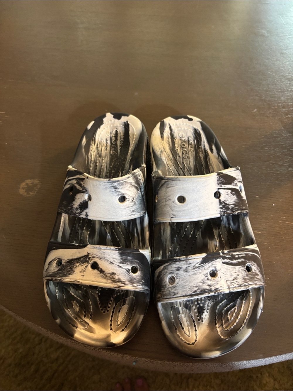 CROCS Black & White Marbled Dual-Strap Slide Sandals